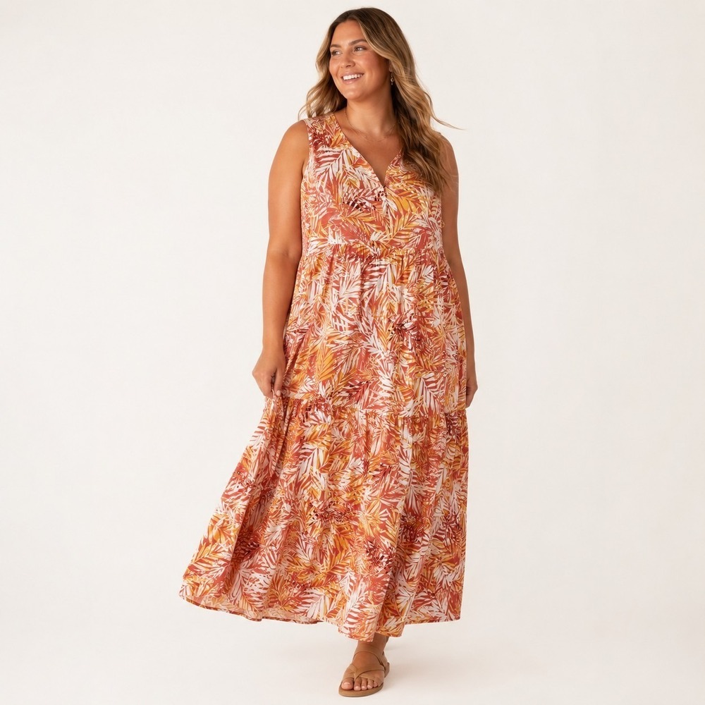 BEACH LUNCH LOUNGE Size Large Sleeveless Tropical Print Tiered Summer Maxi Dress
